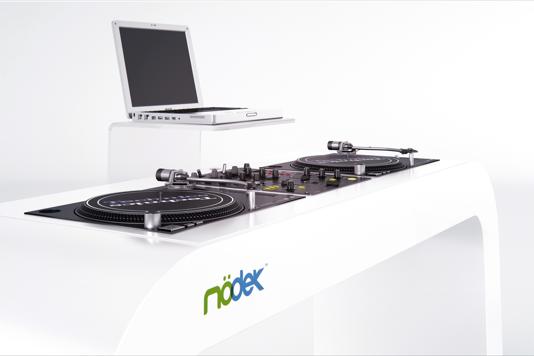 Vista en ángulo elevado de la cabina MÖDEK EVOLUTION PRO con platos, mesa de mezclas, soporte de portátil y logotipo