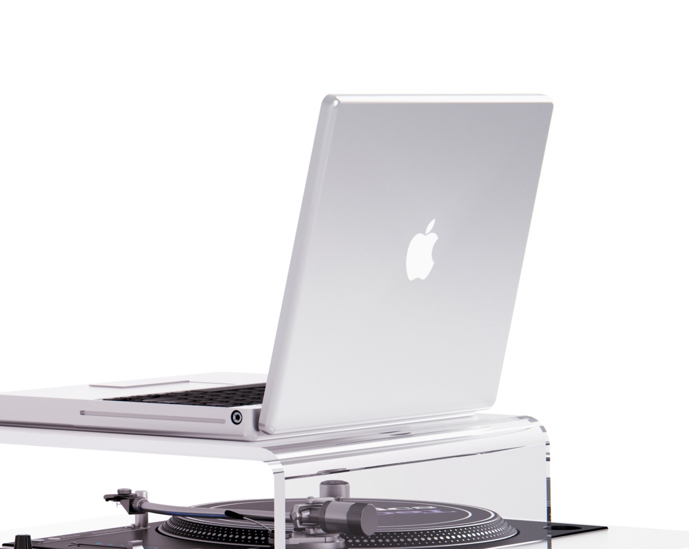 Detalle del soporte para portátil en metacrilato transparente con Mac, integrado sobre la cabina MÖDEK EVOLUTION PRO
